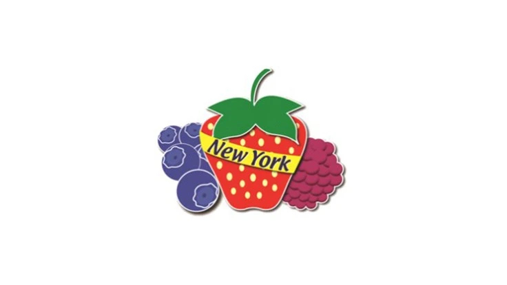 A logo of blueberries, a red strawberry and a pink raspberry. The strawberry has a yellow sash that reads New York in black letters.