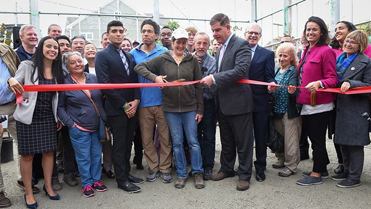 Boston mayor Michael J. Walsh (center) at We Grow Microgreens' opening
