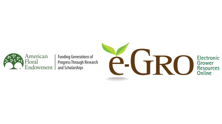 Two logos: On the left is a logo with green and black text with a green tree that reads American Floral Endowment: Funding generations of progress through research and scholarships. On the right is a logo with brown and green text with green leaves that reads e-Gro: Electric Grower Resources Online.