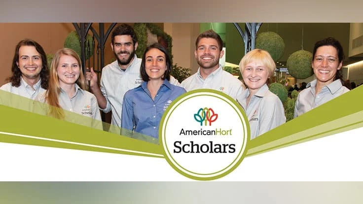 Seven smiling people with the AmericanHort Scholars logo over the photo