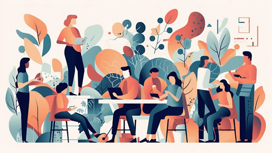 A graphic of people sitting at tables and standing around talking.