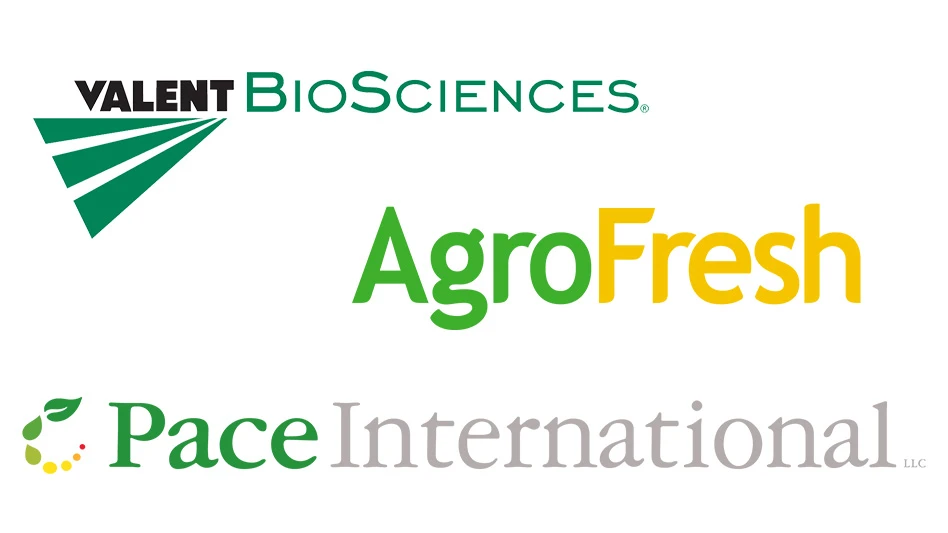 Three logo read Valent BioSciences, AgroFresh and Pace International.