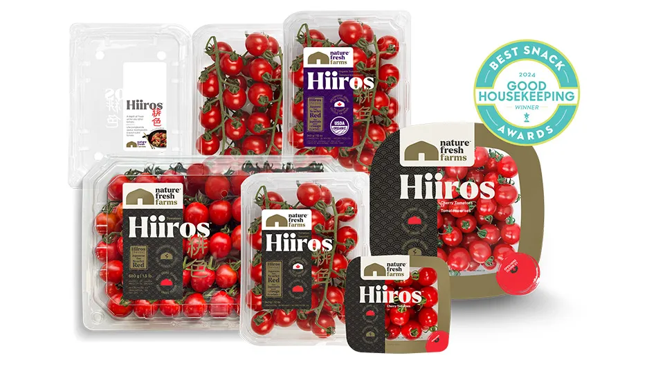 Seven packages of red cherry tomatoes all with the title Nature Fresh Farms Hiiros. There's a blue circular icon in the top right that reads 2024 Good Housekeeping Winner Best Snack Awards.