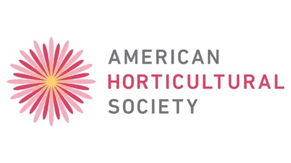 A logo reads American Horticultural Society in pink and gray capital letters. To the left of the text is a graphic of a flower with red and pink petals and a yellow center.