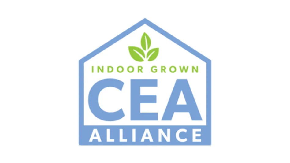 A logo reads Indoor Grown CEA Alliance. The text is in a blue outlined greenhouse, and above the text are three green leaves.
