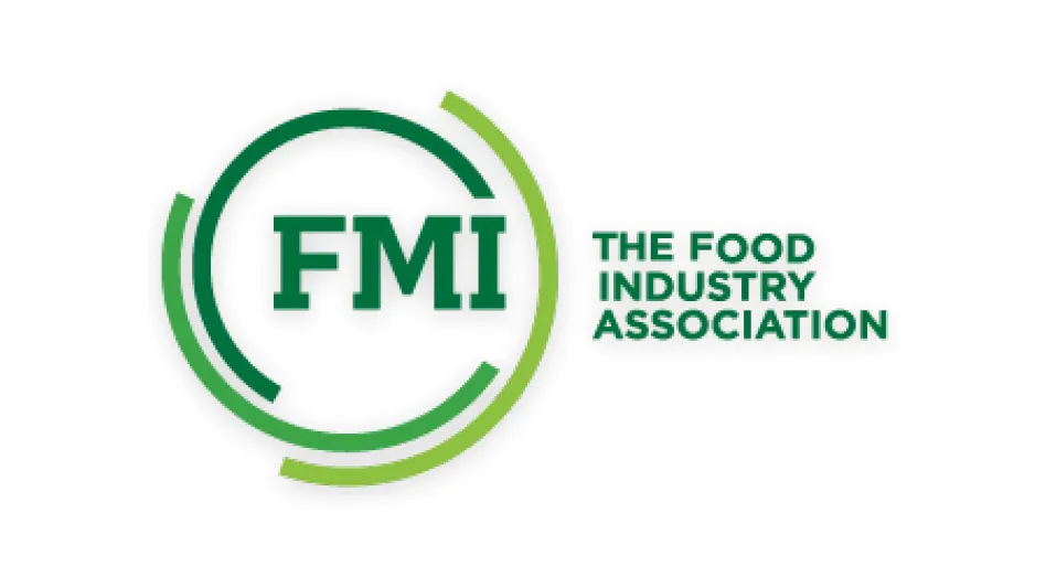 A logo made up of three lines of dark green, kelly green and light green making up a circle, with dark green capital letters reading FMI in the middle. To the right reads The Food Industry Association in dark green capital letters. The background of the entire image is white.