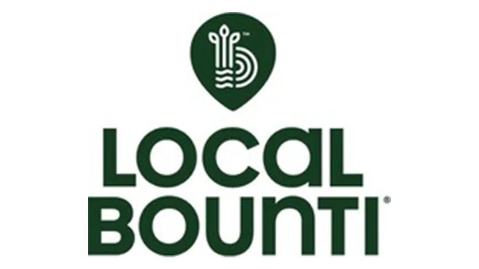 A guitar pick-shaped dark green logo with a white capital B in the middle made up of leaves and squiggly lines. Below that reads Local Bounti in dark green capital letters. The entire image is on a white background.