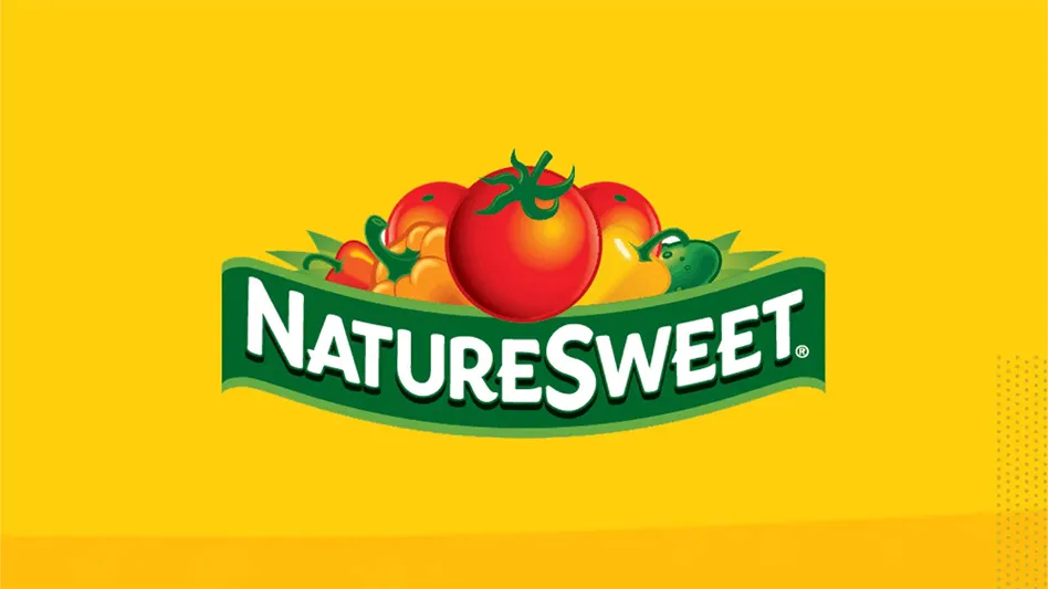 A dark green banner-style logo reads NatureSweet in white capital letters. Above that are graphics of three round red tomatoes with green stems, a red pepper, an orange pepper, a yellow pepper and a green cucumber. The entire logo is on a golden yellow background.