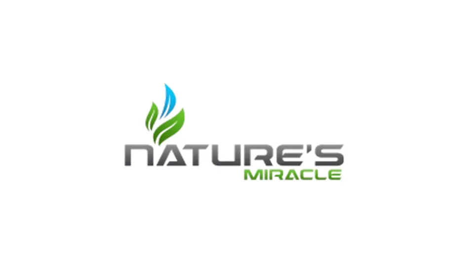 A logo reads Nature's Miracle in capital gray and green letters. Above "nature's" is a graphic of a green and blue leaf. The entire image is on a white background.