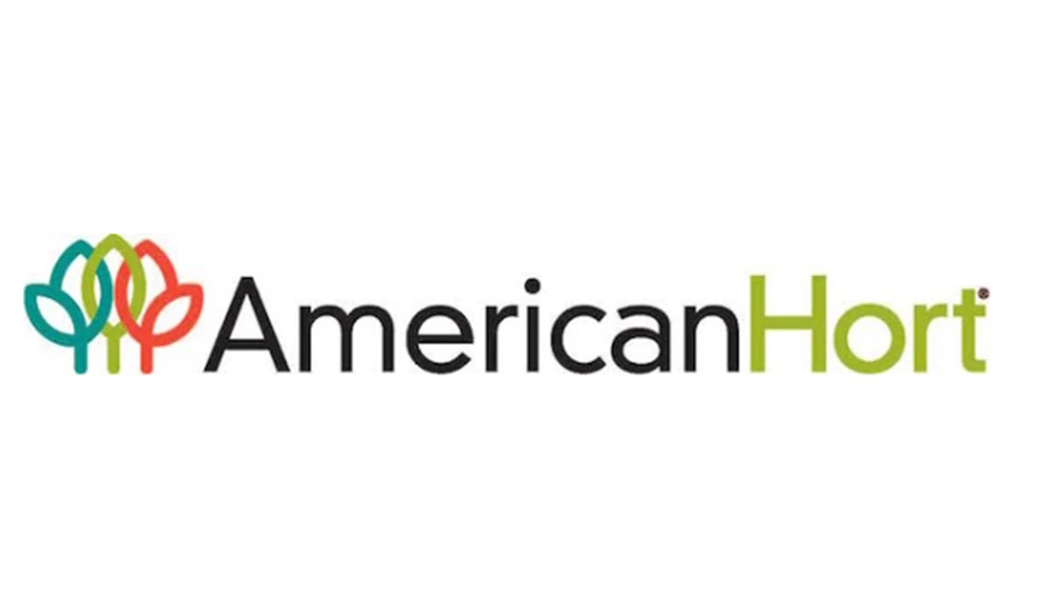 Black and green letters read AmericanHort on a white background. To the left of the text is a graphic of three overlapping leaves in blue, green and orange.