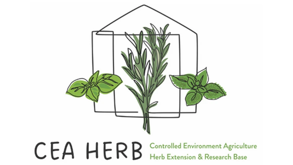 Black letters read CEA HERB, and green letters read Controlled Environment Agriculture Herb Extension & Research Base. Above the text is a graphic of a black outline of a greenhouse, with graphics of three green herbs.