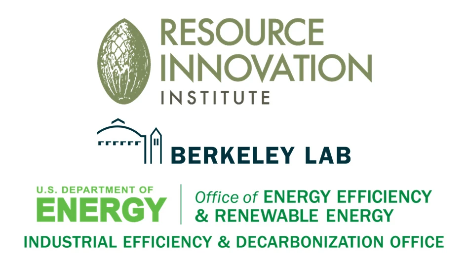 Three logos on a white background. The first reads Resource Innovation Institute in olive green letters, with an olive-colored seed to the left of the text. The second reads Berkeley Lab in navy blue letters, with an outline of a farm to the left of the text. The third reads U.S. Department of Energy Office of Energy Efficiency & Renewable Energy Industrial Efficiency & Decarbonization Office in green letters.