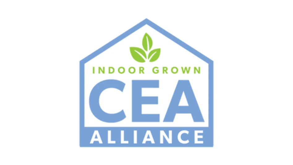 A logo of the outline of a greenhouse in light blue, with green, light blue and white text inside that reads Indoor Grown CEA Alliance, with three green leaves above the text.