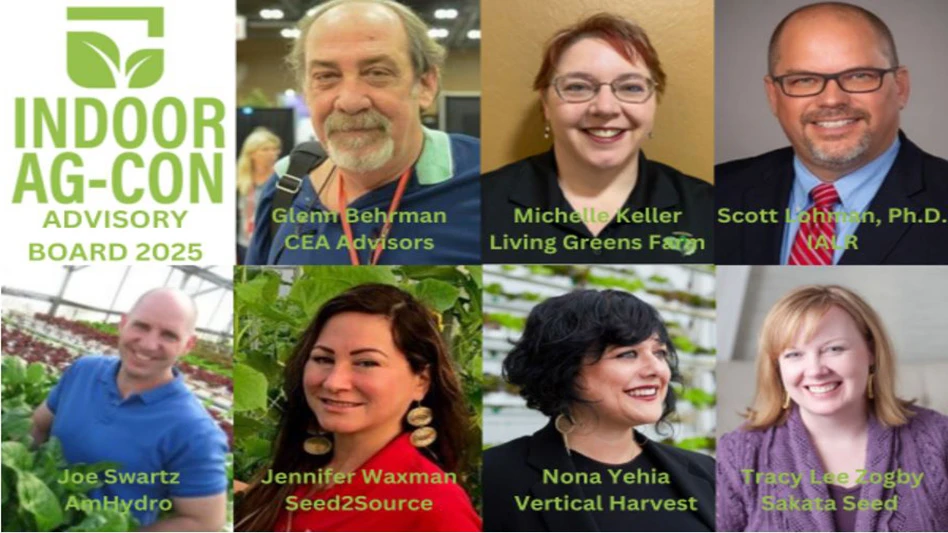 A green Indoor Ag-Con logo on a white background with photos of seven advisory board members.