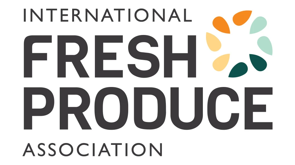 A logo with text in black capital letters that reads International Fresh Produce Association. To the right of the text is a circle made out of seeds in shades of orange, yellow, green and blue.