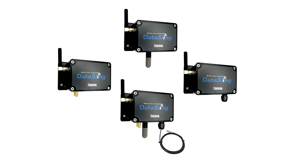 Four rectangular black boxes, with an an antenna in the upper left corner and blue and white text that reads Wireless Sensor DataSling Sensocon.