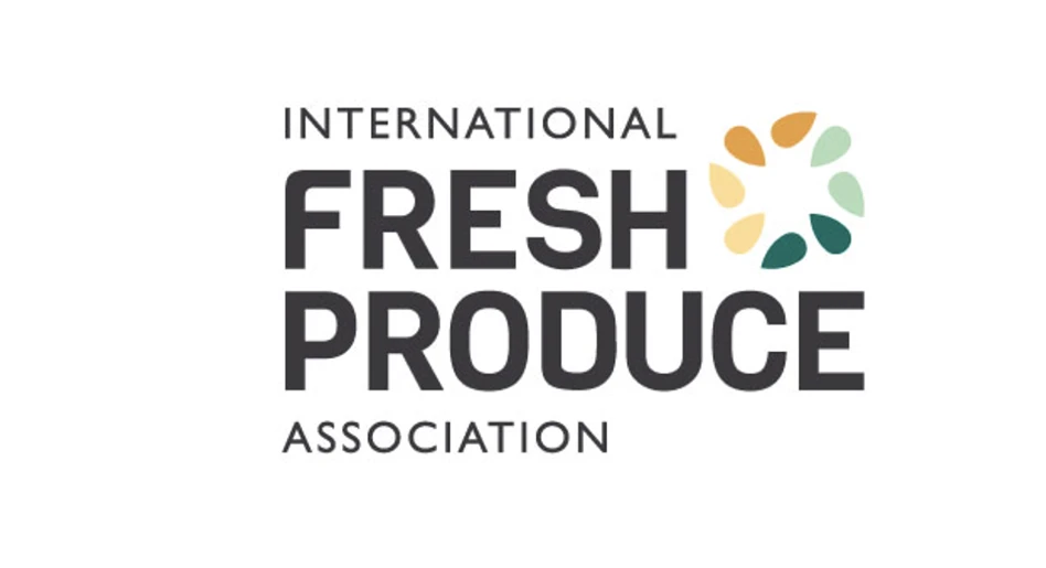 A logo with text in black capital letters that reads International Fresh Produce Association. To the right of the text is a circle made out of seeds in shades of orange, yellow, green and blue.
