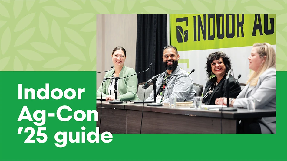 A photo of four smiling people on a panel sitting at a brown wooden table in front of a neon green banner with black text reading Indoor Ag-Con. To the left of the photo is white text on a green background reading Indoor Ag-Con '25 guide.