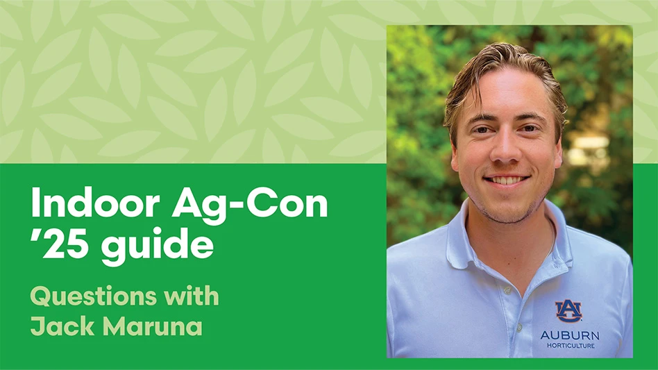 A photo of a smiling man with blonde hair wearing a white polo shirt. To the left is white text on a green background that reads Indoor Ag-Con '25 guide: Questions with Jack Maruna.