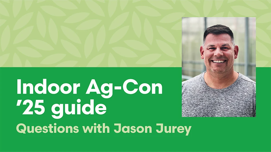 A headshot photo of a smiling man with dark brown hair wearing a gray sweater standing in a greenhouse. White text on a green background to the left of the photo reads Indoor Ag-Con '25 guide: Questions with Jason Jurey.