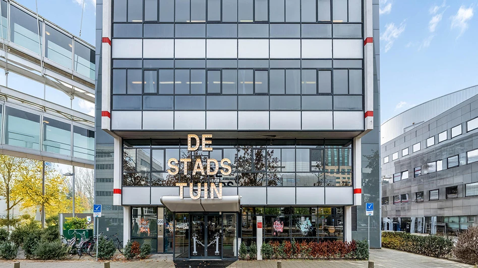 A metal and glass office building.