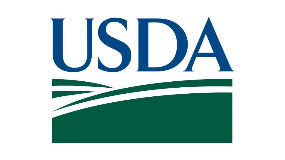A logo with blue text reading USDA on a white background above rolling green fields.