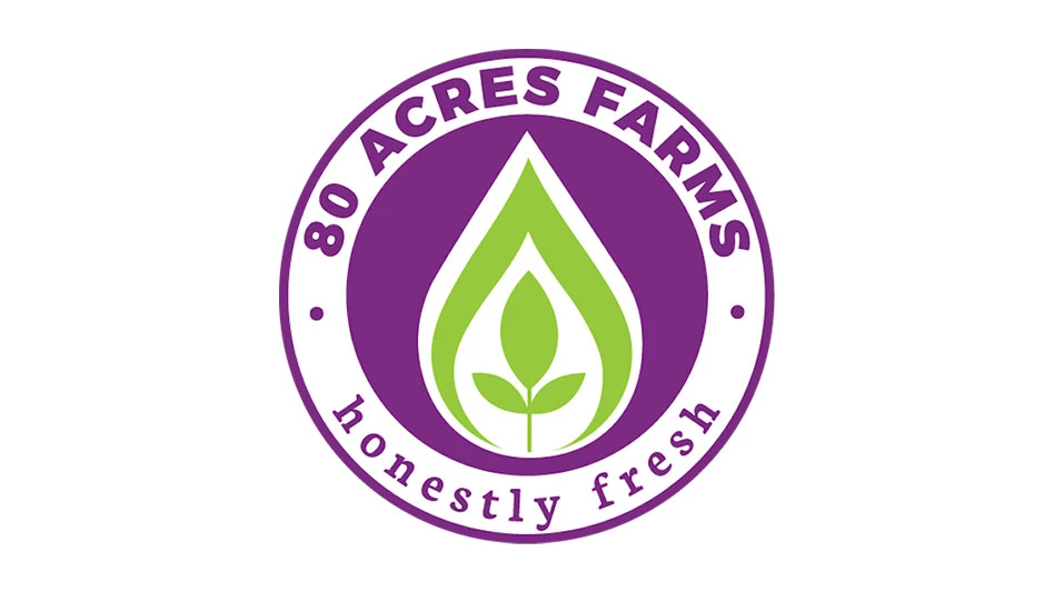 Purple and green logo of 80 Acres Farms