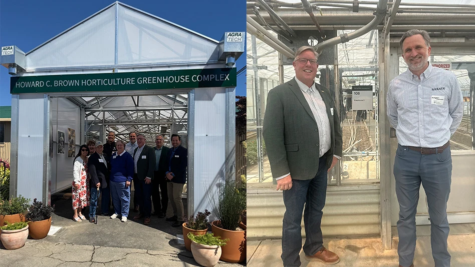 Two side-by-side photos. On the left is a photo of a group of smiling people standing in the doorway of a greenhouse. On the left is a photo of two smiling men standing inside the greenhouse.
