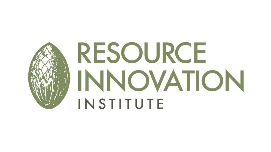 A graphic with green and black text on a white background reads Resource Innovation Institute. To the left of the text is a graphic of a green seed.