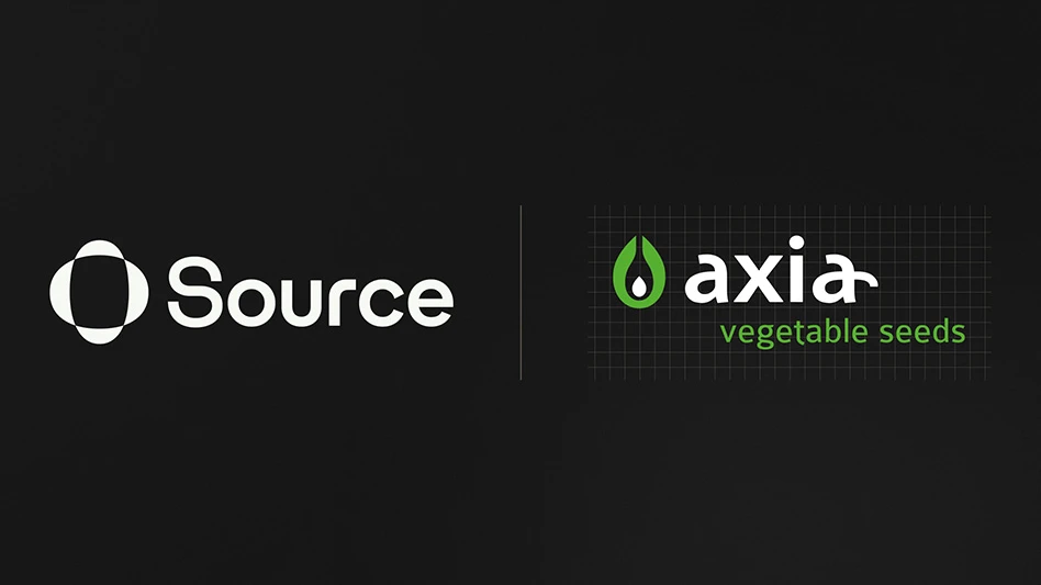 Two logos with white and green text on a black background read Source and Axia Vegetable Seeds.