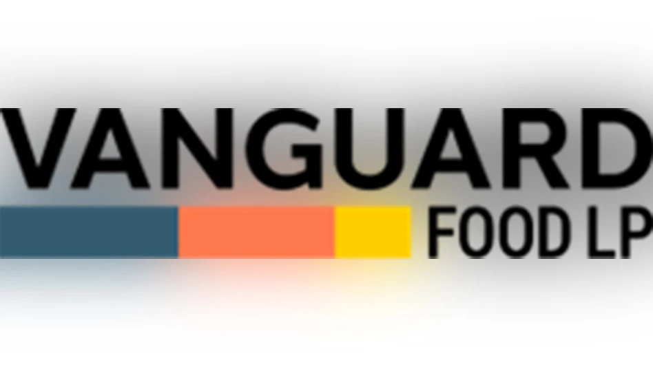 A logo with black text on a white background that reads Vanugard Food LP, with blue, orange and yellow stripes below the text.
