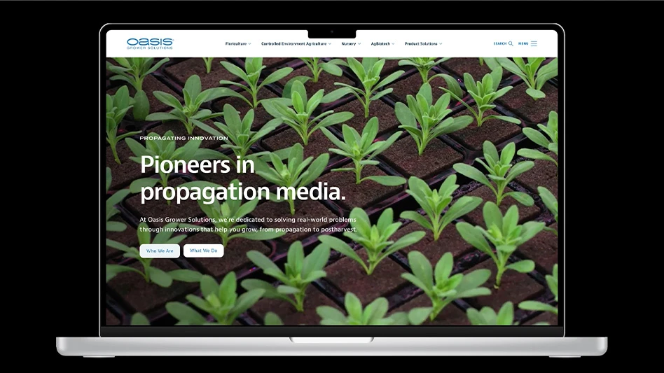 Webpage for Oasis Grower Solutions that reads, "Pioneers in propagation media."