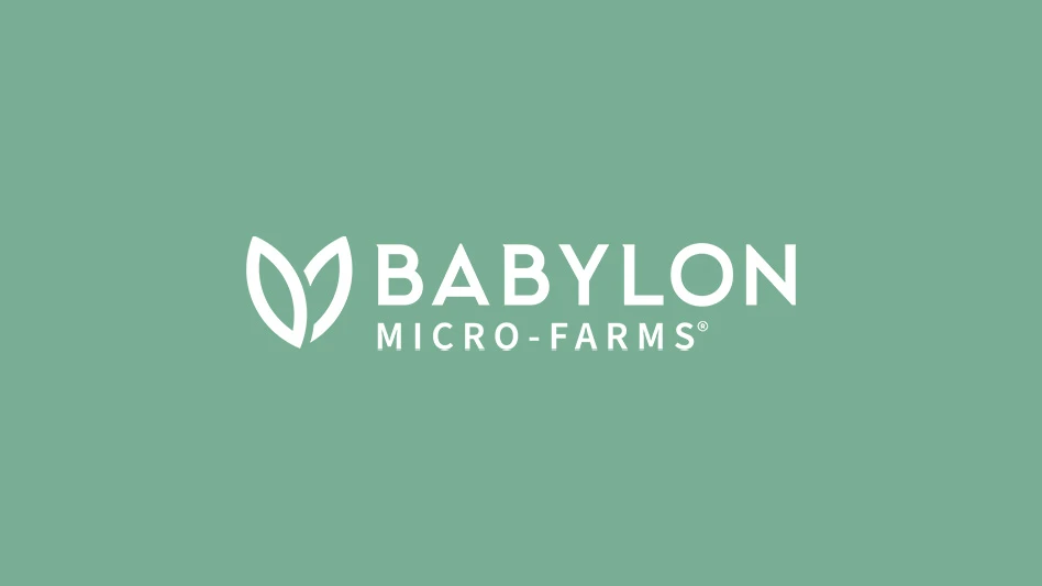 A graphic with white text on a dark mint green background reads Babylon Micro-Farms.