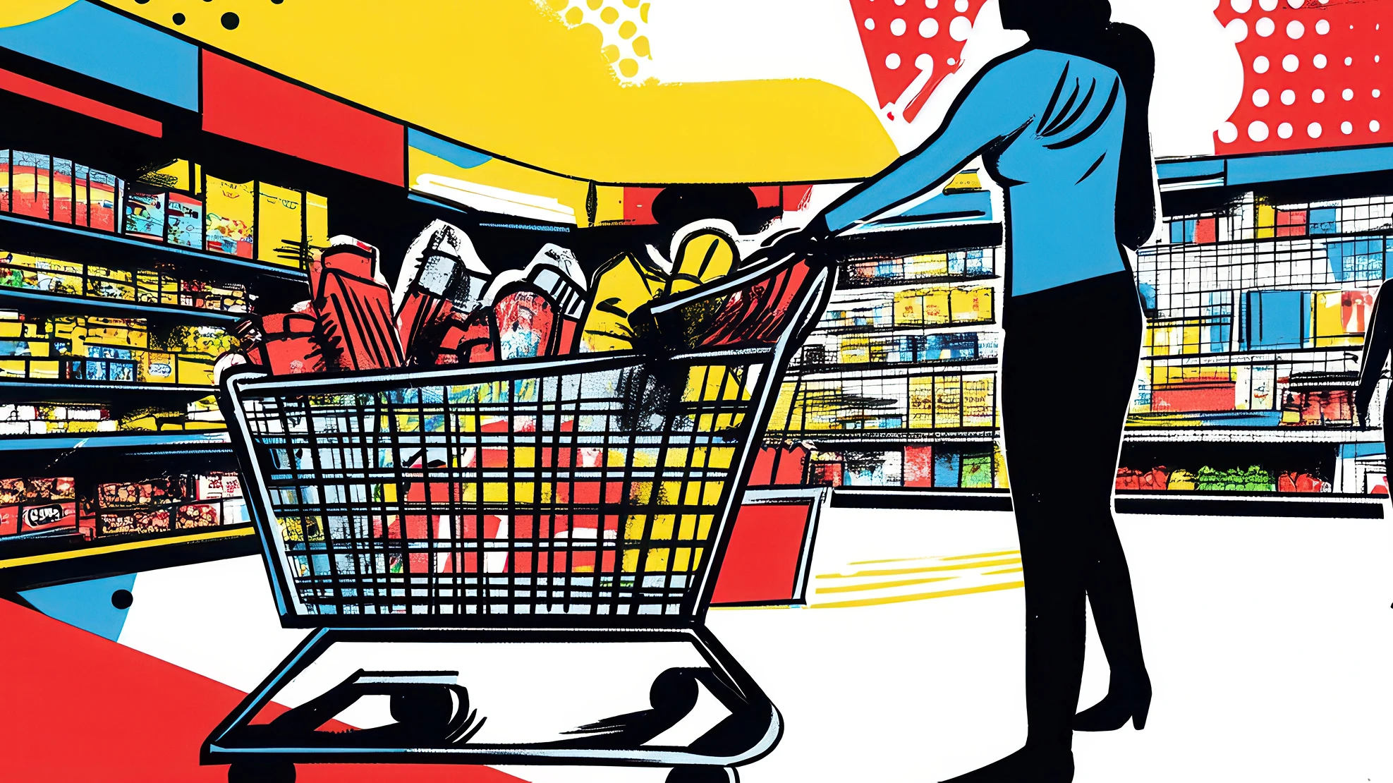 A comic book-style graphic in shades of red, yellow, blue, black and white of a person pushing a full grocery cart in a grocery store.