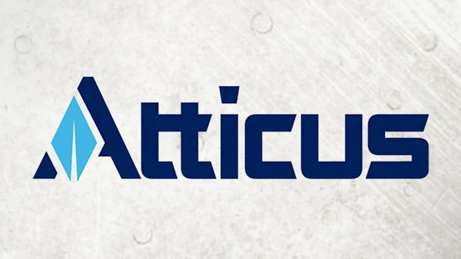A logo with navy blue text on a gray background that reads Atticus.