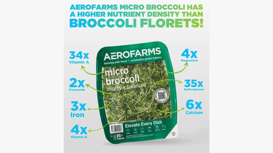 AeroFarms micro broccoli in a sealed plastic package. The package is green with a clear window in the center showing a cluster of micro broccoli.