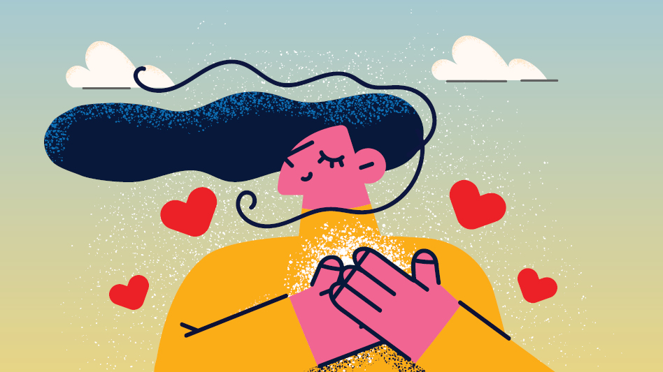 An illustration of a woman holding her hands to her heart, with fluttering red hearts surrounding her. She is standing outside beneath a sunset.