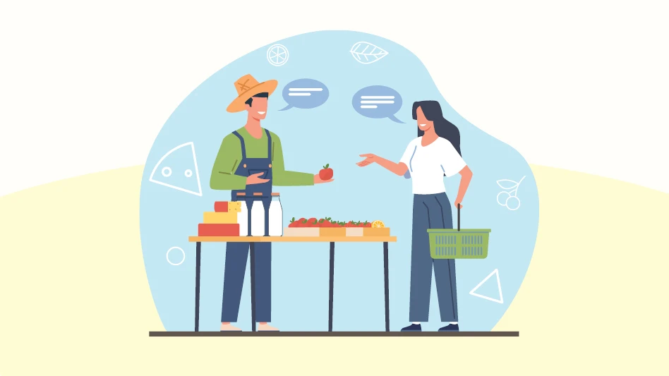 An illustration showing a farmer wearing a green shirt and overalls at a table handing produce to a woman wearing a white shirt.