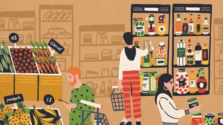 An illustration of three people grocery shopping. One stands on the left looking at produce. Another person stands in the middle looking at food on a shelf, and the third person on the far right looks at a canned item.