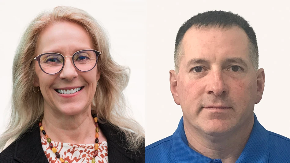 Two headshot photos, on the left of a smiling woman with long blonde hair, on the right a man with short brown hair wearing a blue polo shirt.