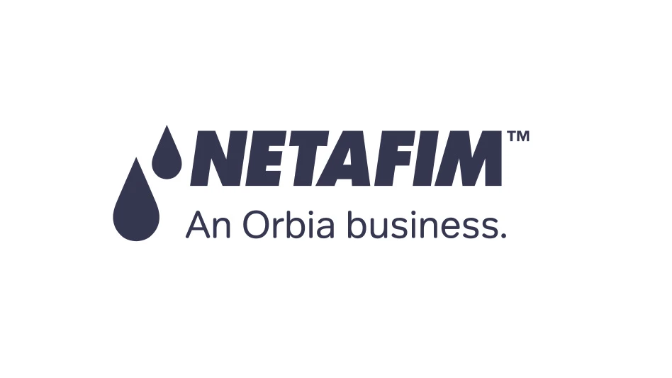 A graphic with navy blue text on a white background with two navy blue water drops to the left of the text, which reads Netafim An Orbia business.