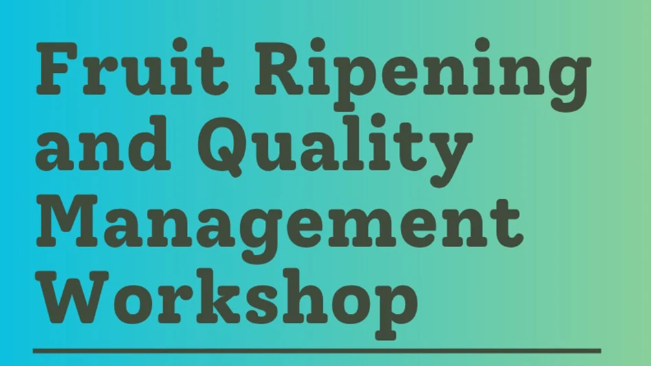 Black text reading Fruit Ripening and Quality Management Workshop on a gradient blue-green background.