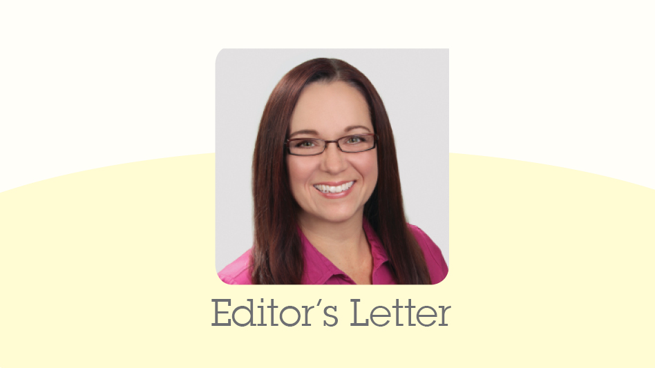 A smiling woman wearing glasses and a pink shirt on a yellow and white background.