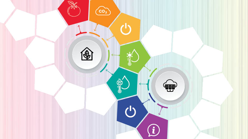 Two wheels representing CEA and data centers connect to each other with symbols representing shared power, water and more.