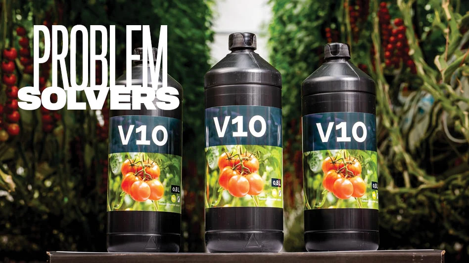 Three dark bottles of V10 with the words Problem Solvers superimposed over them.