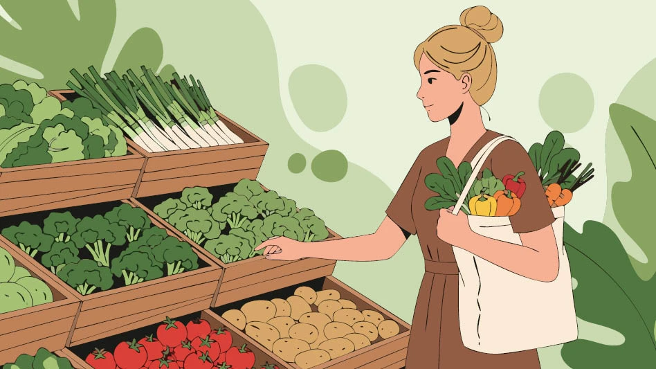 An illustration of a lady picking fresh produce at a grocery store or market.