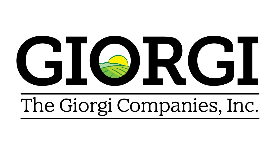 Giorgi logo: Black text on a white background; a sun rise is inside the "O"