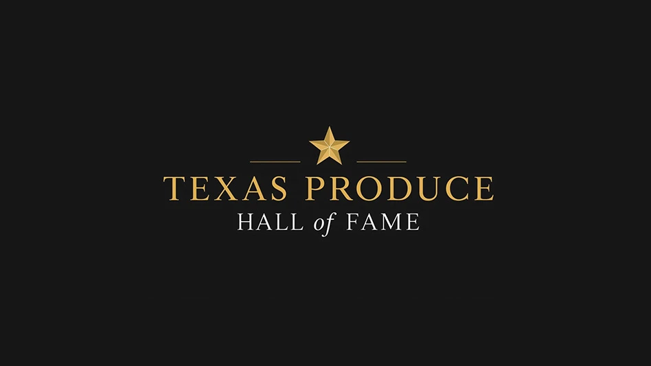 A graphic with gold and white text on a white background reading Texas Produce Hall of Fame, with a gold star above the text.