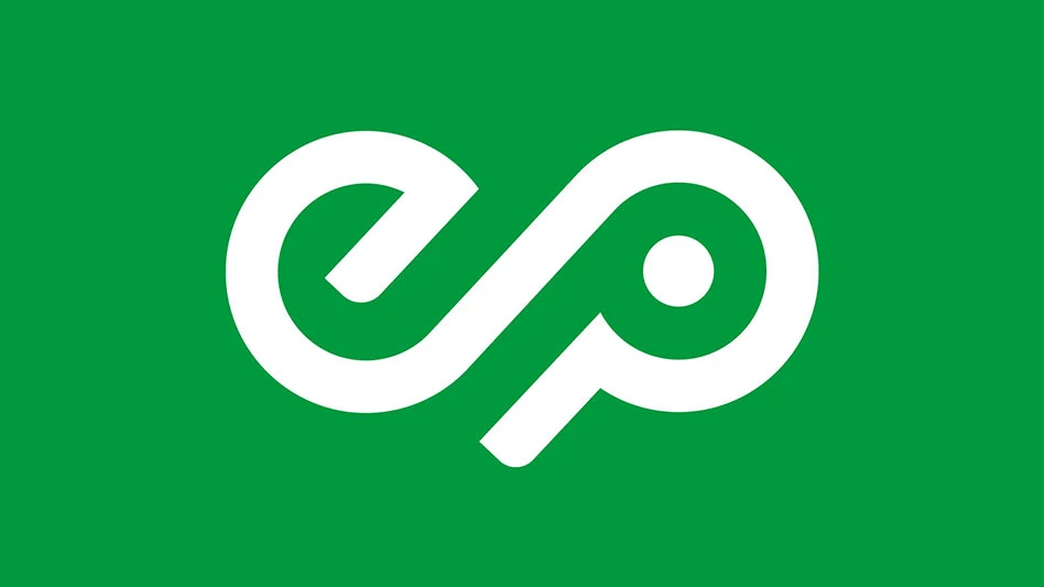 Emerald Packaging logo with white text of a letter E and P form an infinity symbol on top of a green background.