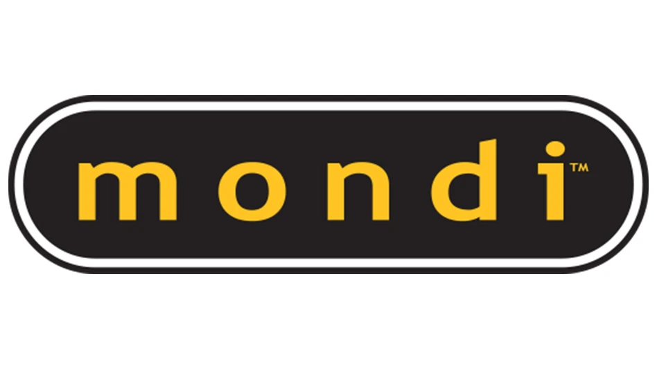 A logo with yellow text on a brown oval on a white background. The text reads mondi.